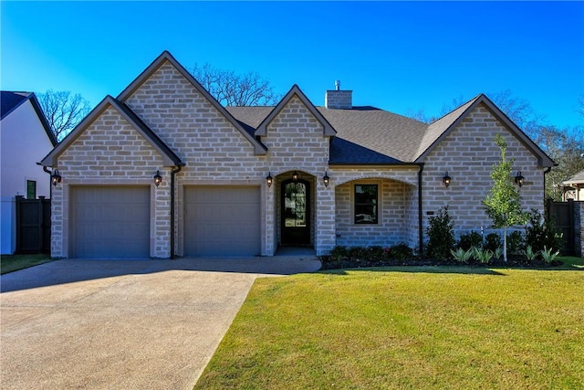 french country home featuring a front lawn and a garage