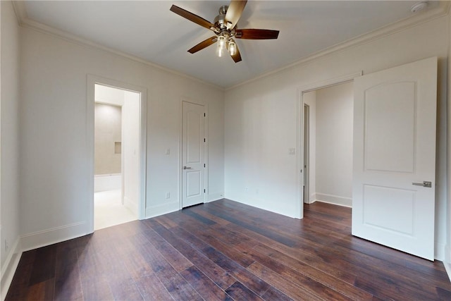 unfurnished bedroom with ceiling fan, ornamental molding, and dark wood-type flooring