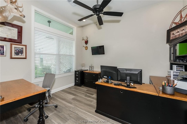 office featuring ceiling fan and light hardwood / wood-style floors