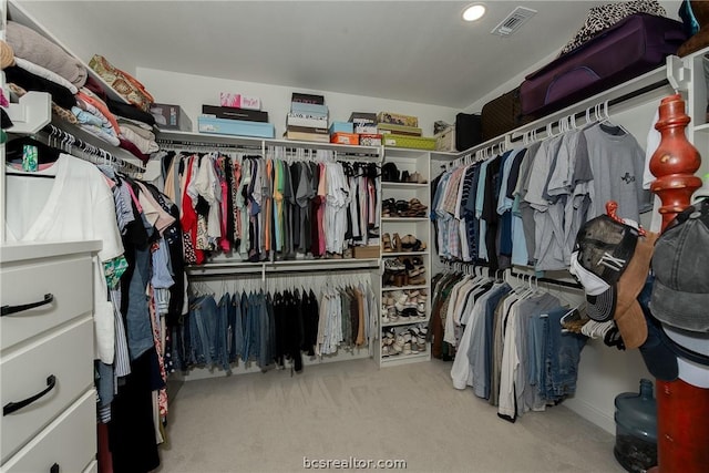 spacious closet featuring light colored carpet