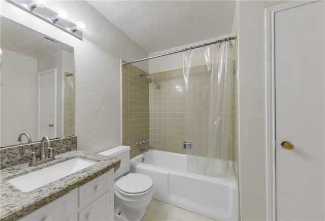 full bathroom featuring vanity, shower / bath combination with curtain, a textured ceiling, and toilet