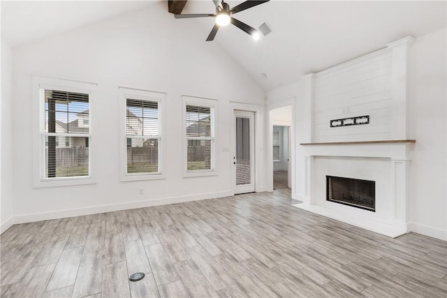 unfurnished living room with light wood-type flooring, a fireplace with flush hearth, visible vents, and a ceiling fan