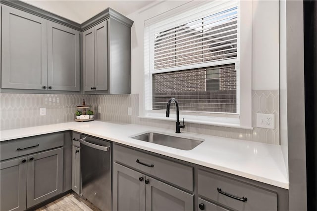 kitchen with gray cabinets, light countertops, and dishwasher