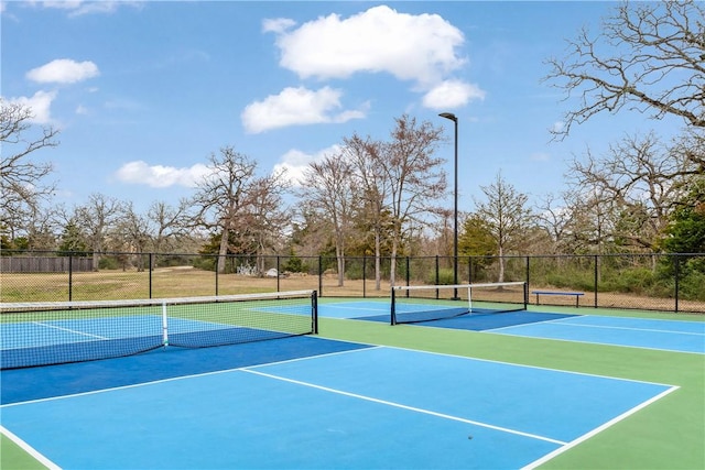 view of tennis court featuring fence