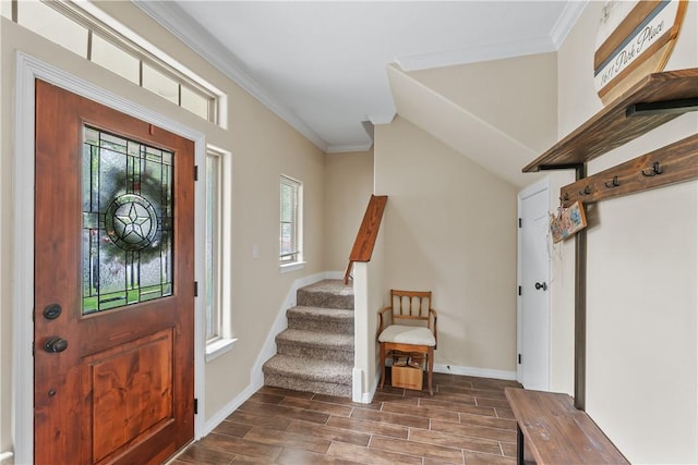1611 Park Pl, College Station, TX 77840 - entrance foyer with wood finish floors, crown molding, plenty of natural light, and stairway