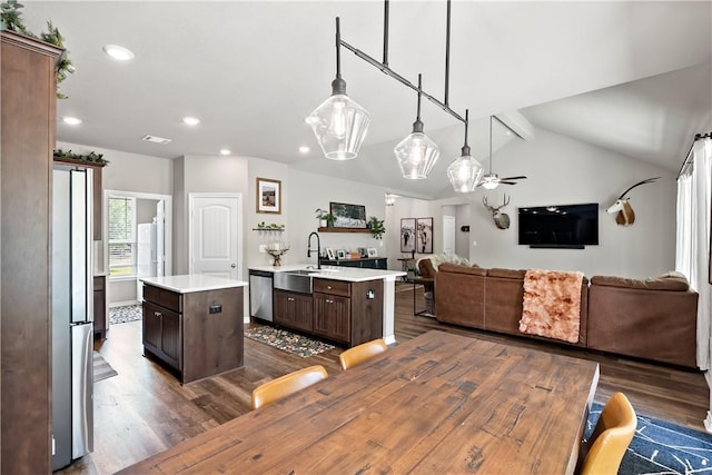 dining room featuring ceiling fan, visible vents, recessed lighting, dark wood finished floors, and vaulted ceiling with beams