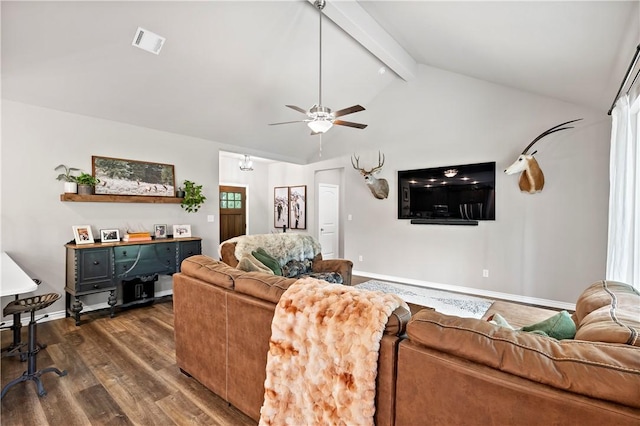 living room featuring beamed ceiling, ceiling fan, dark wood-style flooring, baseboards, and visible vents
