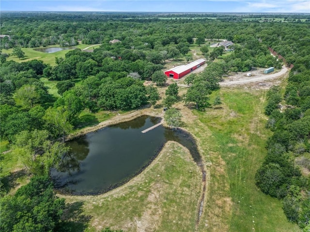 bird's eye view with a forest view and a water view