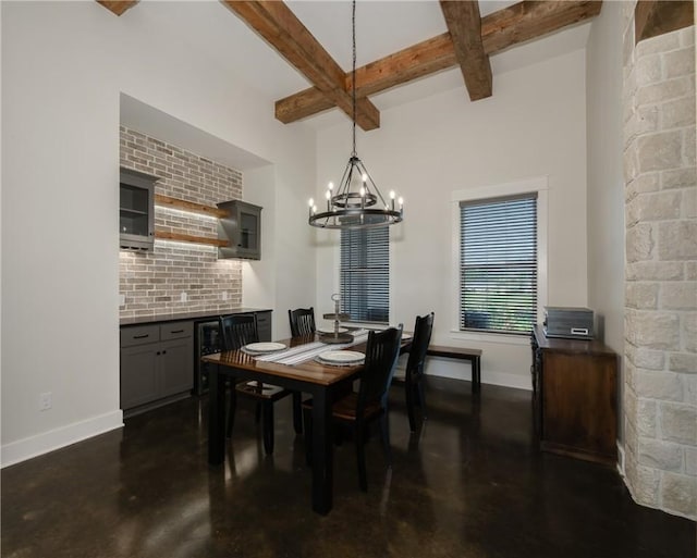 7532 Marys Way, Bryan, TX 77808 - dining area with baseboards, concrete flooring, beam ceiling, a chandelier, and coffered ceiling
