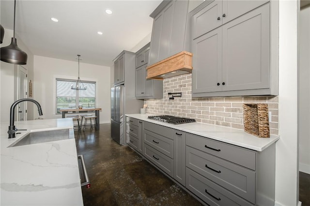 7532 Marys Way, Bryan, TX 77808 - kitchen with gray cabinetry, a sink, tasteful backsplash, appliances with stainless steel finishes, and recessed lighting