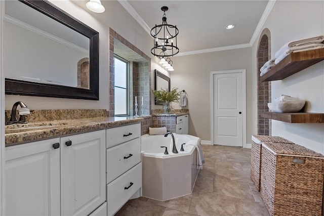 full bathroom with a bath, baseboards, crown molding, and vanity