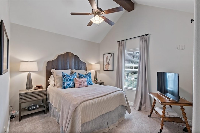 carpeted bedroom featuring high vaulted ceiling, beam ceiling, ceiling fan, and baseboards