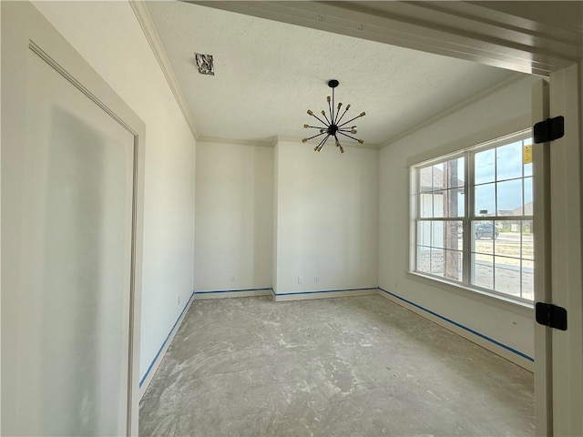 3201 Hunters Crossing Trl, Bryan, TX 77808 - spare room featuring crown molding, a chandelier, unfinished concrete floors, and baseboards