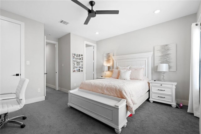 273 Estates Cir, College Station, TX 77840 - bedroom with dark carpet, baseboards, a ceiling fan, and recessed lighting