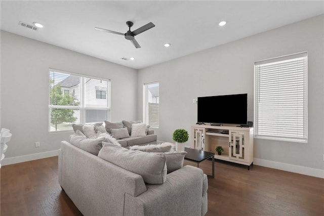 273 Estates Cir, College Station, TX 77840 - living room with baseboards, a ceiling fan, dark wood finished floors, and recessed lighting