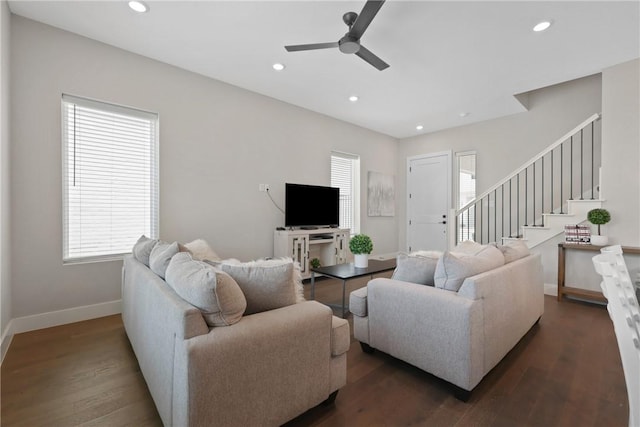 273 Estates Cir, College Station, TX 77840 - living room with stairway, baseboards, plenty of natural light, dark wood-style floors, and recessed lighting