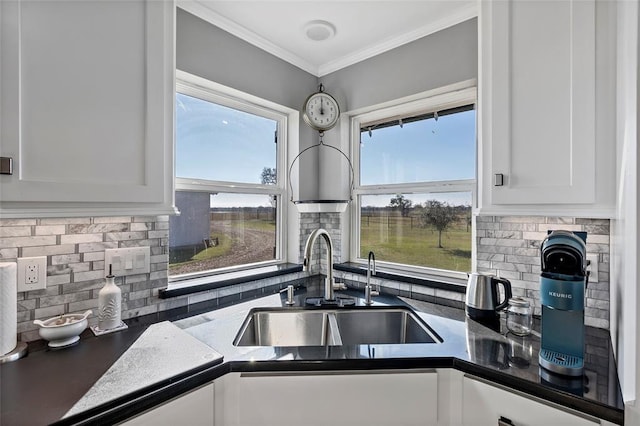 kitchen with decorative backsplash, white cabinetry, and a healthy amount of sunlight