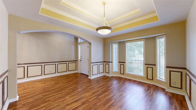 spare room with crown molding, dark hardwood / wood-style flooring, and a raised ceiling