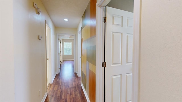 hallway with dark hardwood / wood-style flooring