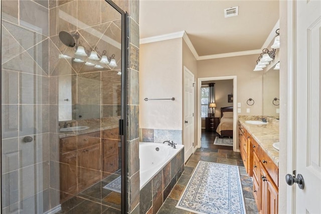 4413 Hearst Ct, College Station, TX 77845 - ensuite bathroom with crown molding, a garden tub, a stall shower, stone tile flooring, and double vanity