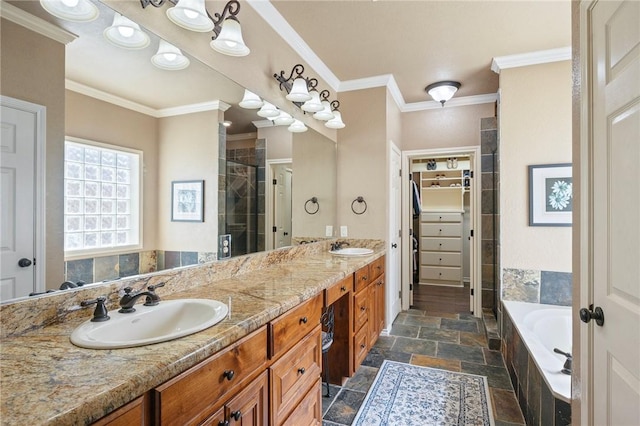4413 Hearst Ct, College Station, TX 77845 - bathroom with stone tile flooring, a shower stall, double vanity, a bath, and ornamental molding