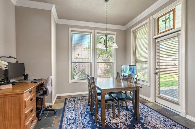 4413 Hearst Ct, College Station, TX 77845 - dining space featuring stone tile flooring, a chandelier, ornamental molding, and an office area
