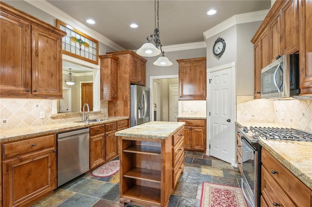 4413 Hearst Ct, College Station, TX 77845 - kitchen with appliances with stainless steel finishes, crown molding, open shelves, stone tile floors, and brown cabinetry