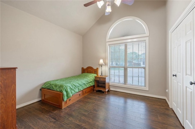4413 Hearst Ct, College Station, TX 77845 - bedroom with wood finished floors, a closet, ceiling fan, and lofted ceiling
