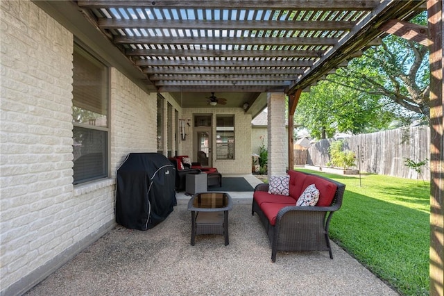 4413 Hearst Ct, College Station, TX 77845 - fenced backyard featuring area for grilling, a ceiling fan, a pergola, an outdoor hangout area, and a patio area