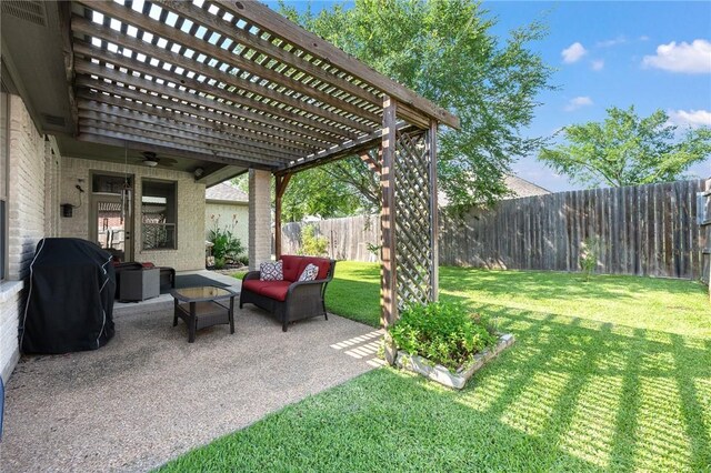4413 Hearst Ct, College Station, TX 77845 - fenced backyard featuring outdoor lounge area, ceiling fan, a pergola, and a patio area