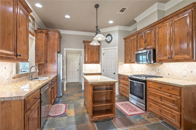 4413 Hearst Ct, College Station, TX 77845 - kitchen featuring stainless steel appliances, stone tile floors, open shelves, brown cabinets, and recessed lighting