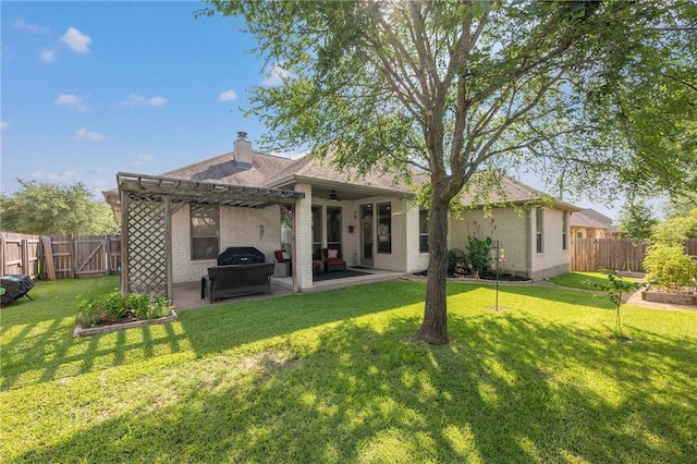 4413 Hearst Ct, College Station, TX 77845 - rear view of house with a patio area, a ceiling fan, a fenced backyard, a pergola, and a chimney