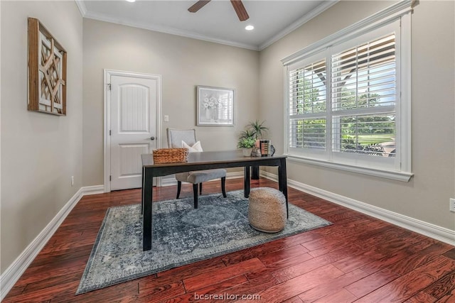 office area featuring dark hardwood / wood-style floors, ceiling fan, and crown molding