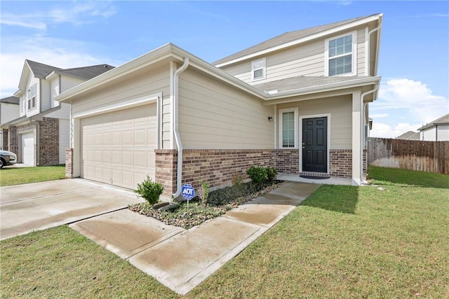 view of front of house featuring fence, a front lawn, brick siding, and a garage