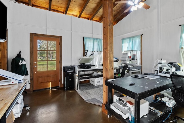 3520 Sykora Rd, Fayetteville, TX 78940 - interior space with finished concrete flooring, ceiling fan, wood ceiling, and a decorative wall