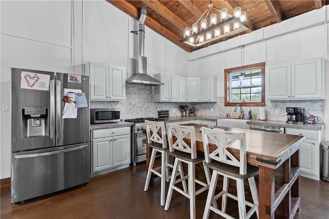3520 Sykora Rd, Fayetteville, TX 78940 - kitchen featuring beam ceiling, tasteful backsplash, appliances with stainless steel finishes, wooden ceiling, and concrete floors