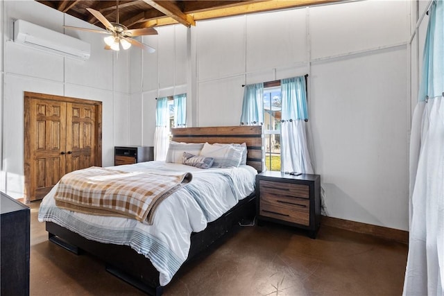 3520 Sykora Rd, Fayetteville, TX 78940 - bedroom featuring ceiling fan, high vaulted ceiling, baseboards, beam ceiling, and a wall mounted air conditioner