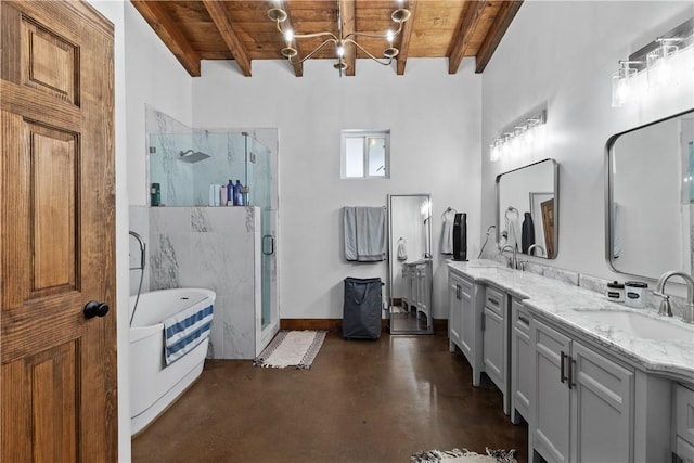 3520 Sykora Rd, Fayetteville, TX 78940 - bathroom with wood ceiling, concrete floors, beam ceiling, and a sink