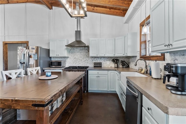3520 Sykora Rd, Fayetteville, TX 78940 - kitchen with beam ceiling, backsplash, appliances with stainless steel finishes, a sink, and wall chimney exhaust hood
