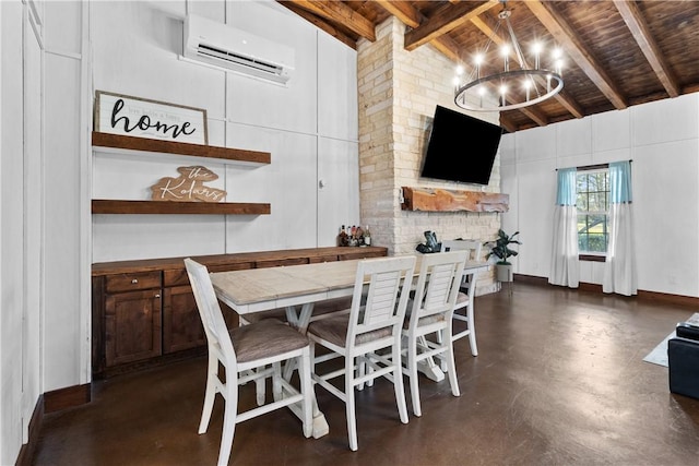 3520 Sykora Rd, Fayetteville, TX 78940 - dining room with beam ceiling, a notable chandelier, finished concrete flooring, an AC wall unit, and wooden ceiling