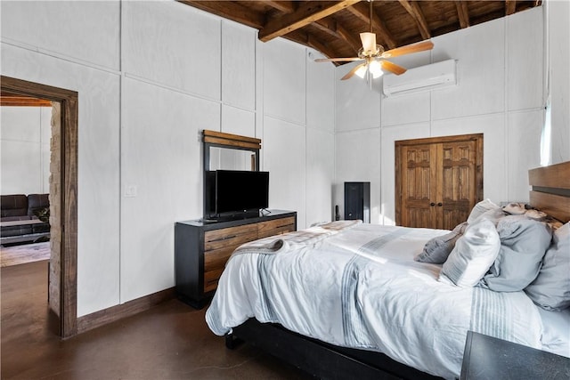 3520 Sykora Rd, Fayetteville, TX 78940 - bedroom featuring baseboards, ceiling fan, a high ceiling, an AC wall unit, and beam ceiling