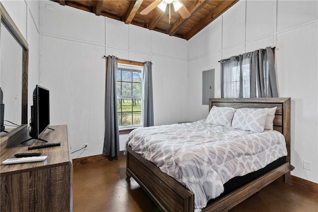3520 Sykora Rd, Fayetteville, TX 78940 - bedroom featuring vaulted ceiling with beams, wooden ceiling, baseboards, and concrete flooring