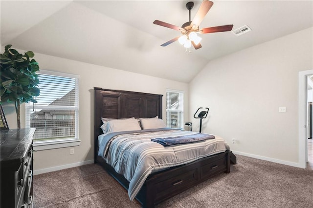 4019 Heru Ct, College Station, TX 77845 - bedroom featuring lofted ceiling, dark colored carpet, and ceiling fan