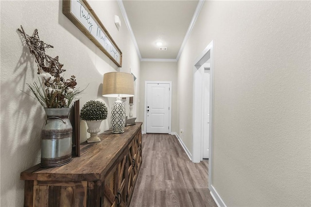 4019 Heru Ct, College Station, TX 77845 - hall featuring wood finished floors and crown molding