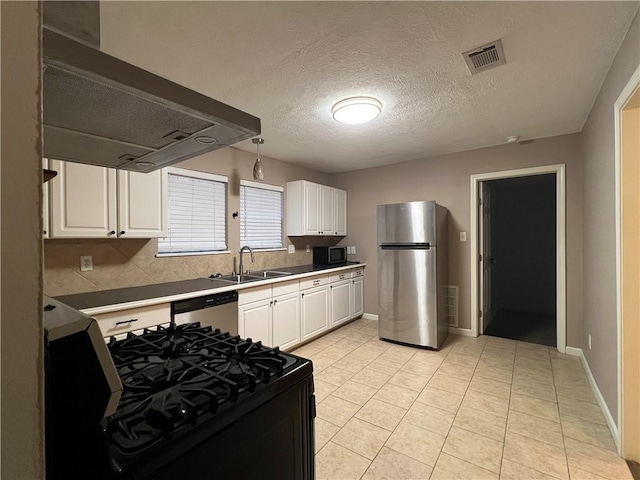 kitchen with white cabinets, a textured ceiling, stainless steel appliances, and sink