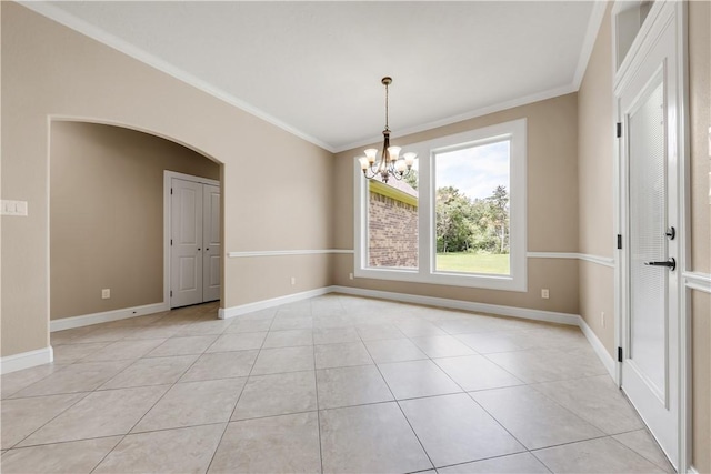 4018 Arboleda Dr, College Station, TX 77845 - unfurnished room featuring ornamental molding, a chandelier, light tile patterned floors, baseboards, and arched walkways