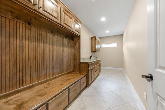 4018 Arboleda Dr, College Station, TX 77845 - mudroom with baseboards, light tile patterned floors, a sink, and recessed lighting