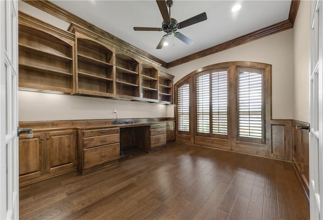 4018 Arboleda Dr, College Station, TX 77845 - unfurnished office featuring built in study area, a ceiling fan, wainscoting, ornamental molding, and dark wood-type flooring