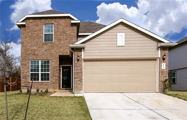 5759 Cerrillos Dr, Bryan, TX 77807 - traditional-style house featuring brick siding, concrete driveway, a front lawn, and a garage