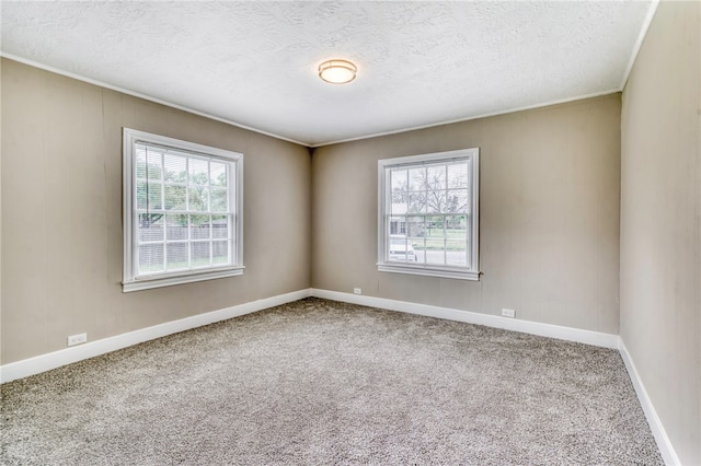 carpeted empty room with baseboards and a textured ceiling